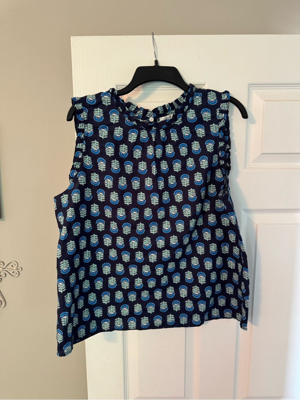 J. Crew Navy Blue Sleeveless Printed Ruffle Neck Tank Blouse